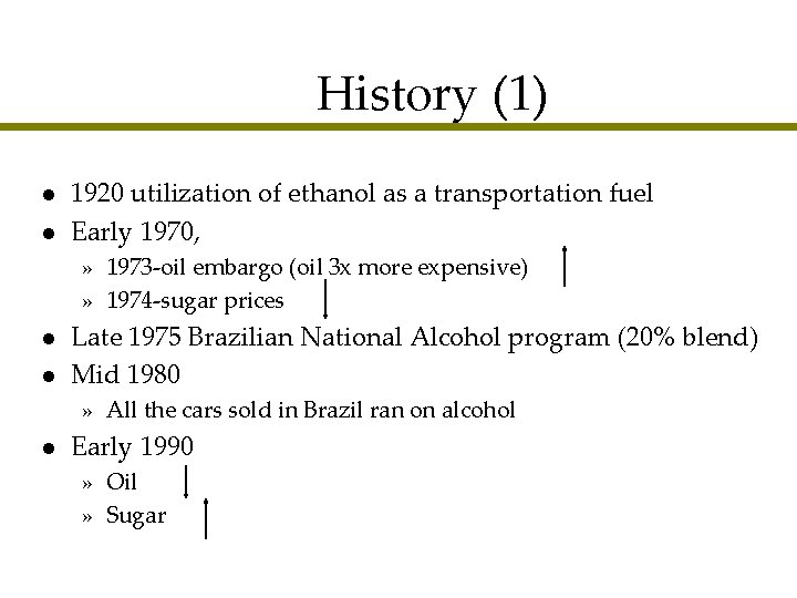 History (1) l l 1920 utilization of ethanol as a transportation fuel Early 1970,