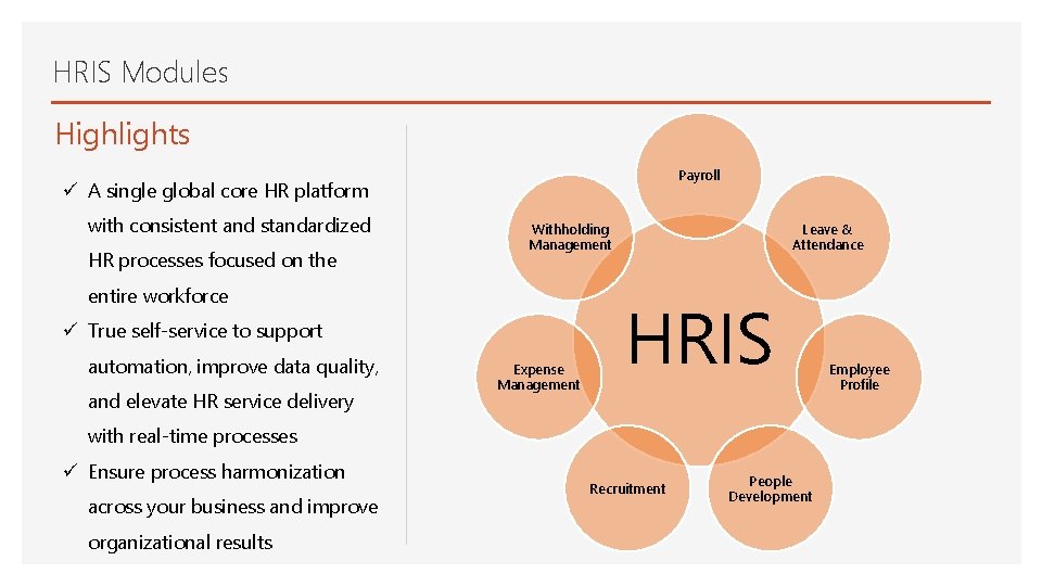 HRIS Modules Highlights Payroll ü A single global core HR platform with consistent and