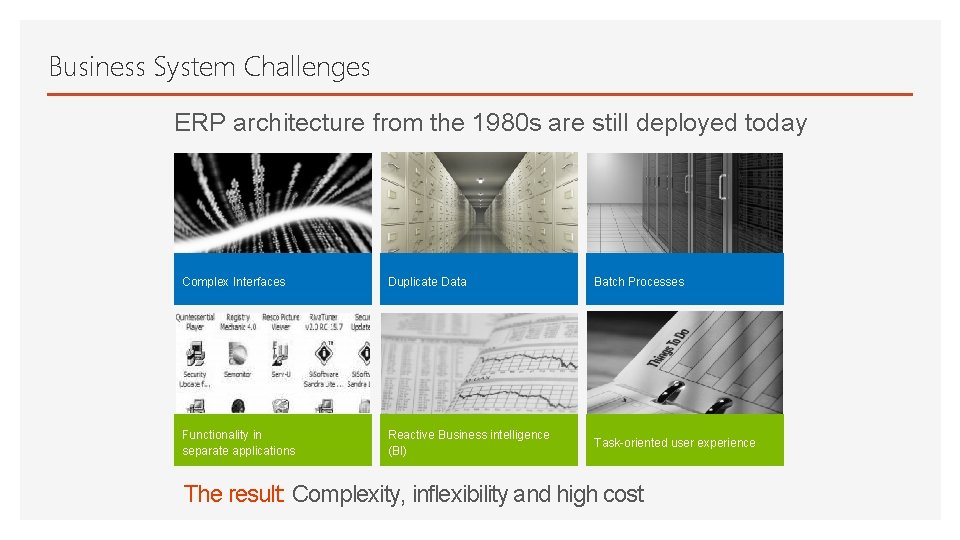 Business System Challenges ERP architecture from the 1980 s are still deployed today Complex