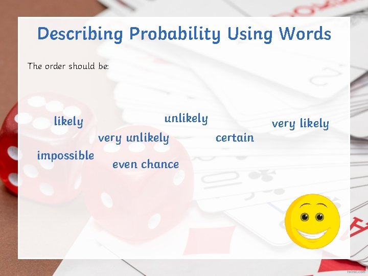 Describing Probability Using Words The order should be: likely unlikely very unlikely impossible even Describing Probability Using Words The order should be: likely unlikely very unlikely impossible even