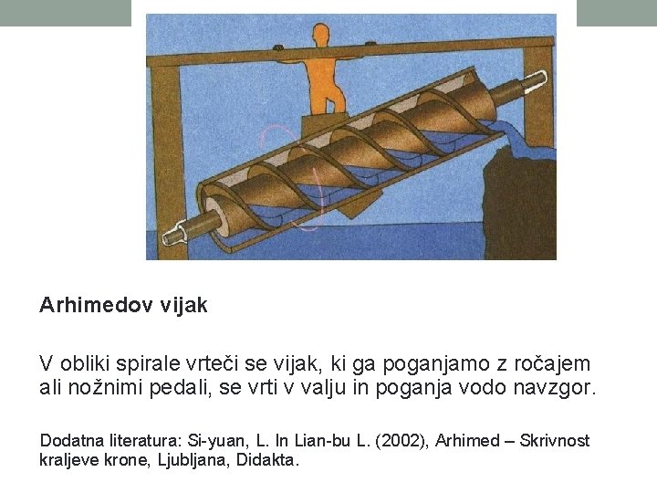 Arhimedov vijak V obliki spirale vrteči se vijak, ki ga poganjamo z ročajem ali