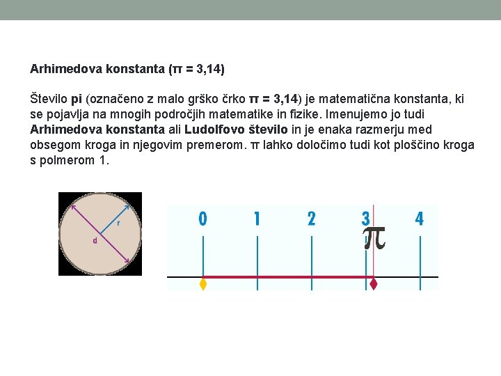 Arhimedova konstanta (π = 3, 14) Število pi (označeno z malo grško črko π