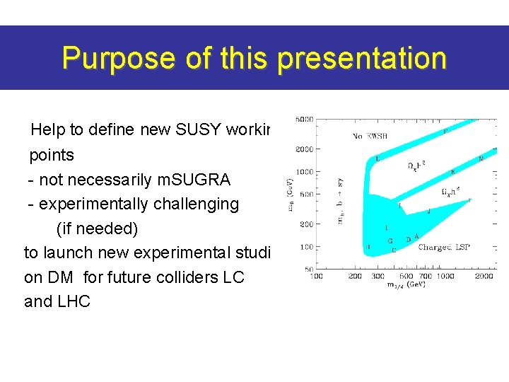 Purpose of this presentation Help to define new SUSY working points - not necessarily