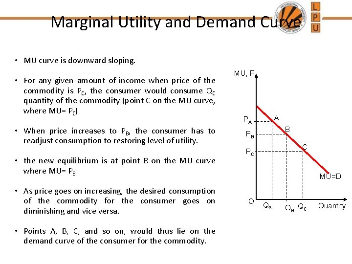 Marginal Utility and Demand Curve • MU curve is downward sloping. • For any