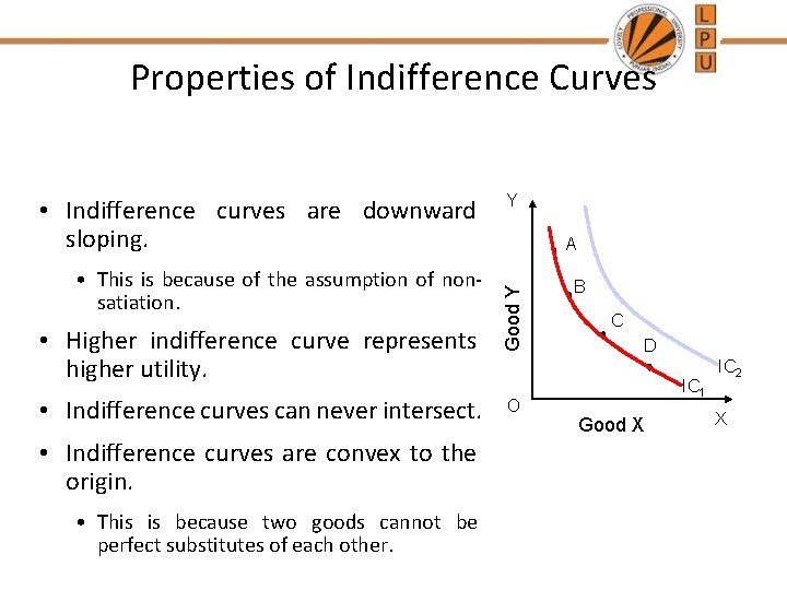 Properties of Indifference Curves • This is because of the assumption of nonsatiation. •