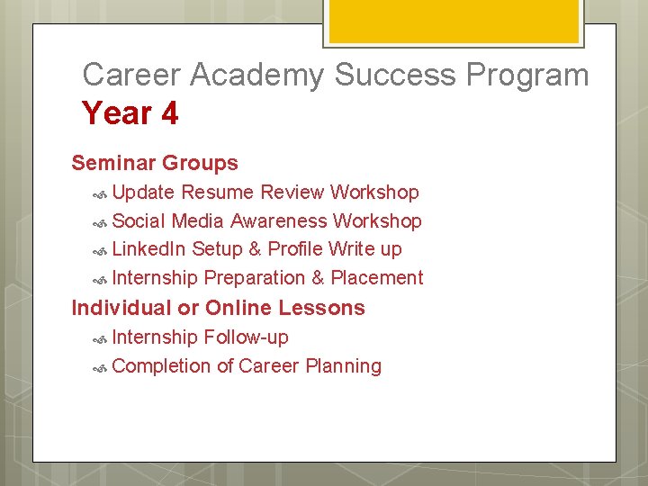 Career Academy Success Program Year 4 Seminar Groups Update Resume Review Workshop Social Media