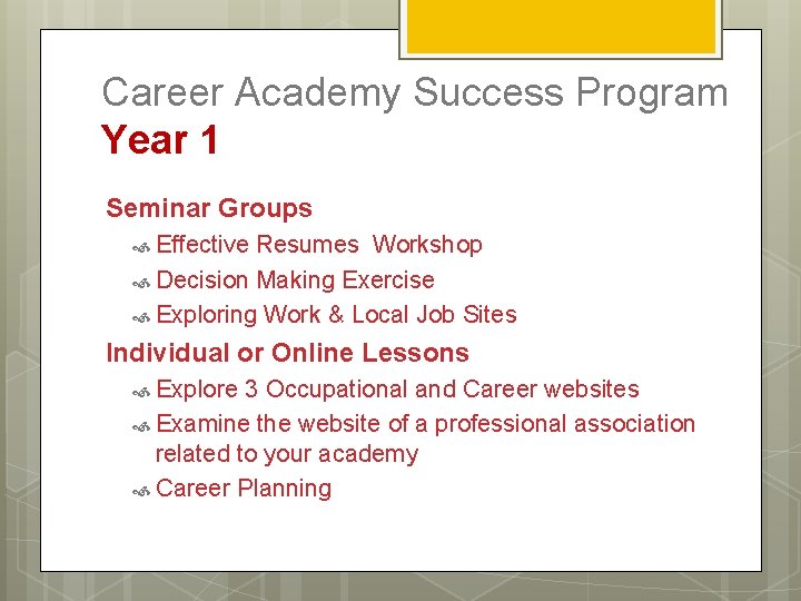 Career Academy Success Program Year 1 Seminar Groups Effective Resumes Workshop Decision Making Exercise