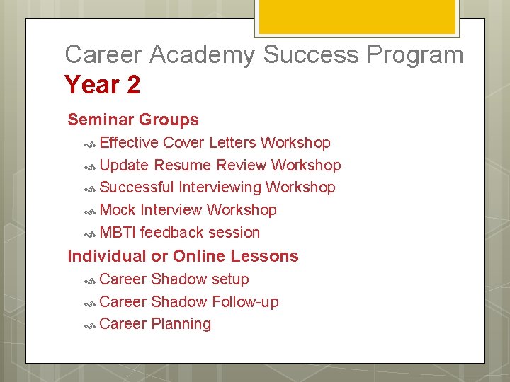 Career Academy Success Program Year 2 Seminar Groups Effective Cover Letters Workshop Update Resume