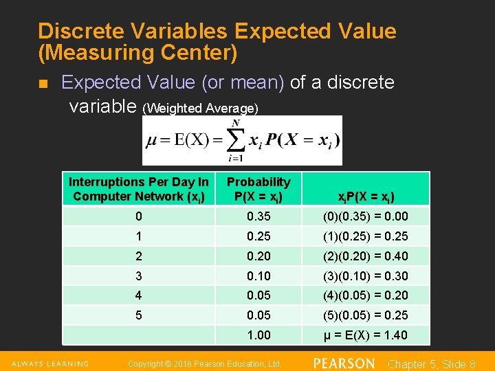 Discrete Variables Expected Value (Measuring Center) n Expected Value (or mean) of a discrete