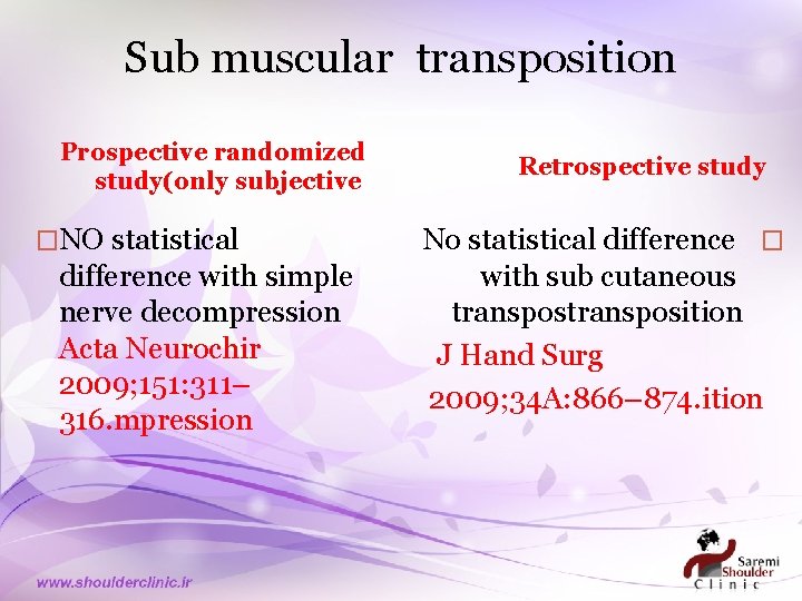 Sub muscular transposition Prospective randomized study(only subjective) �NO statistical difference with simple nerve decompression