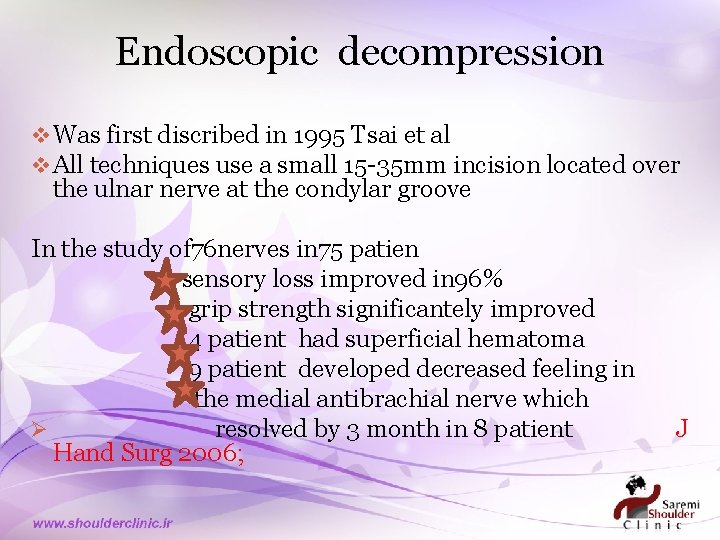 Endoscopic decompression v Was first discribed in 1995 Tsai et al v All techniques
