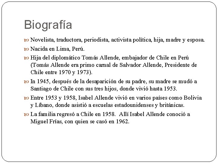 Biografía Novelista, traductora, periodista, activista política, hija, madre y esposa. Nacida en Lima, Perú. Biografía Novelista, traductora, periodista, activista política, hija, madre y esposa. Nacida en Lima, Perú.