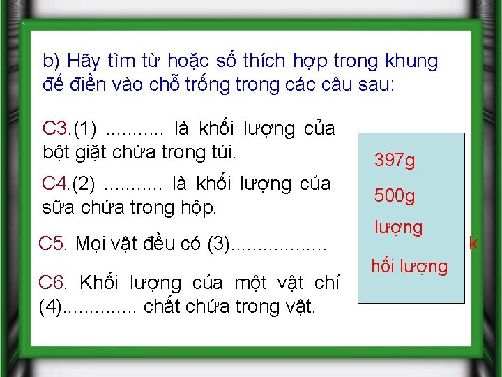 b) Hãy tìm từ hoặc số thích hợp trong khung để điền vào chỗ