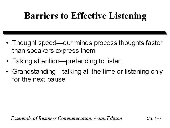 Barriers to Effective Listening • Thought speed—our minds process thoughts faster than speakers express Barriers to Effective Listening • Thought speed—our minds process thoughts faster than speakers express