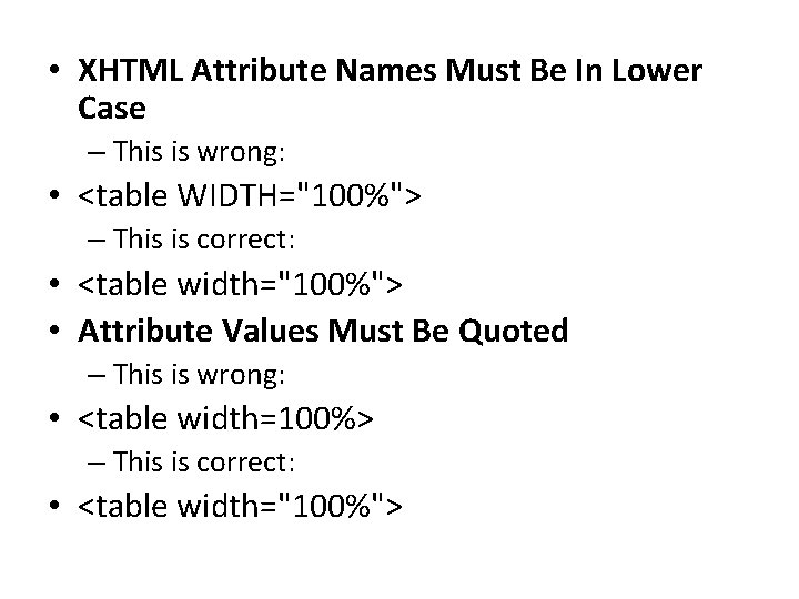  • XHTML Attribute Names Must Be In Lower Case – This is wrong: