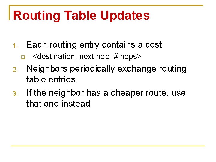 Routing Table Updates Each routing entry contains a cost 1. q 2. 3. <destination,