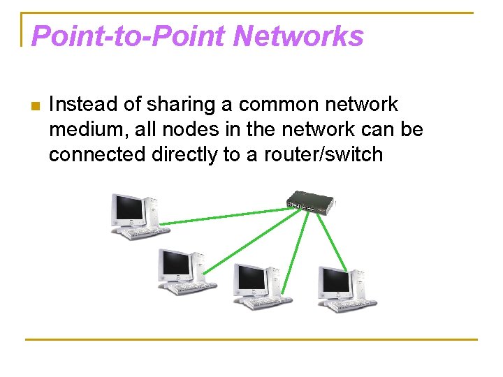 Point-to-Point Networks n Instead of sharing a common network medium, all nodes in the