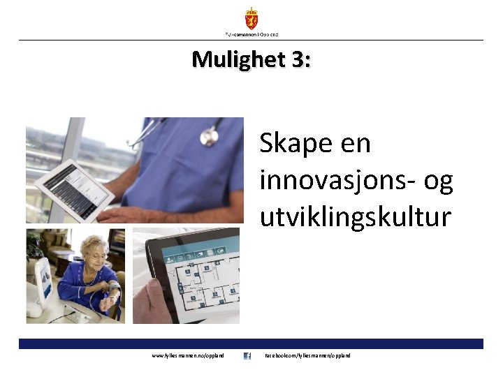 Mulighet 3: Skape en innovasjons- og utviklingskultur www. fylkesmannen. no/oppland Facebookcom/fylkesmannen/oppland 