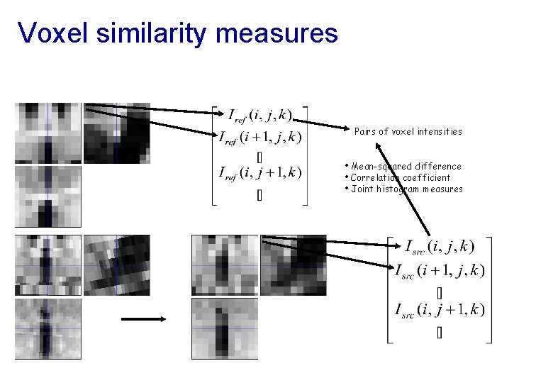 Voxel similarity measures Pairs of voxel intensities • Mean-squared difference • Correlation coefficient •