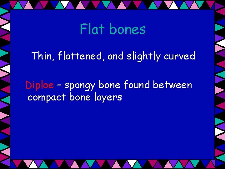 Flat bones Thin, flattened, and slightly curved Diploe – spongy bone found between compact