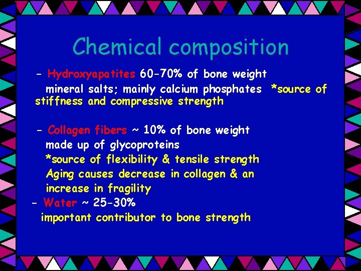 Chemical composition - Hydroxyapatites 60 -70% of bone weight mineral salts; mainly calcium phosphates