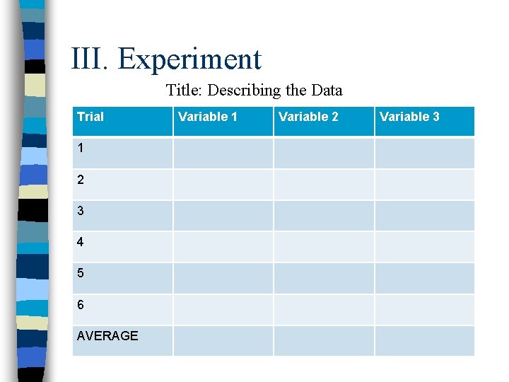 III. Experiment Title: Describing the Data Trial 1 2 3 4 5 6 AVERAGE