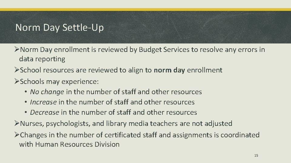 Norm Day Settle-Up ØNorm Day enrollment is reviewed by Budget Services to resolve any