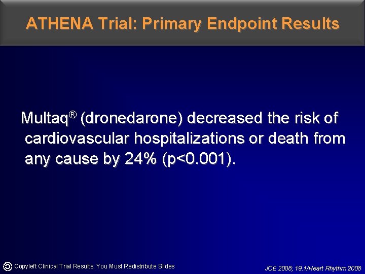 ATHENA Trial: Primary Endpoint Results Multaq® (dronedarone) decreased the risk of cardiovascular hospitalizations or