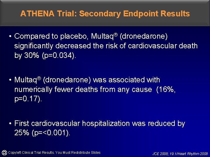 ATHENA Trial: Secondary Endpoint Results • Compared to placebo, Multaq® (dronedarone) significantly decreased the