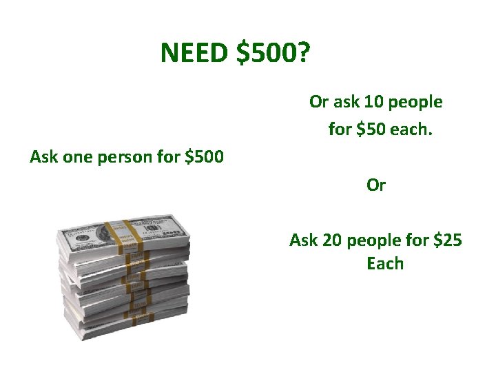 NEED $500? Or ask 10 people for $50 each. Ask one person for $500
