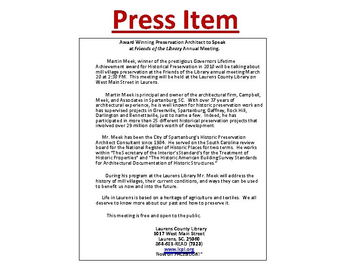 Press Item Award Winning Preservation Architect to Speak at Friends of the Library Annual