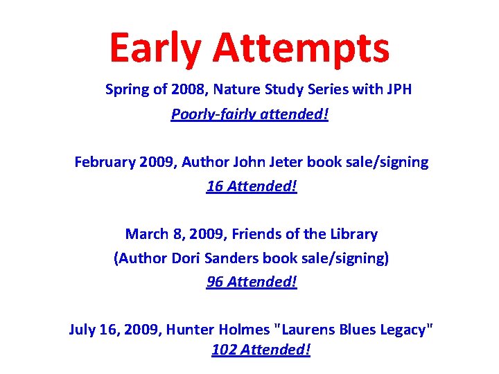 Early Attempts Spring of 2008, Nature Study Series with JPH Poorly-fairly attended! February 2009,