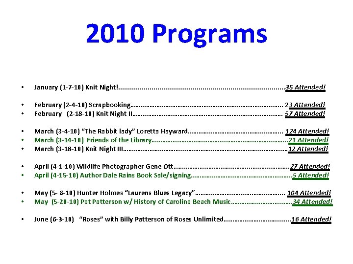 2010 Programs • January (1 -7 -10) Knit Night!. . . . . .