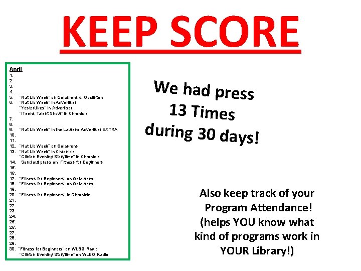 KEEP SCORE April 1. 2. 3. 4. 5. 6. “Nat Lib Week” on Golaurens