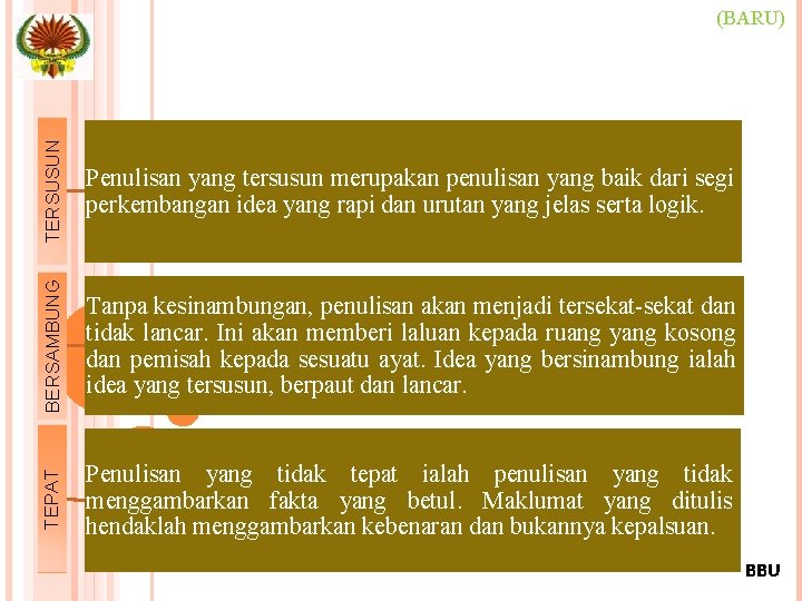 TERSUSUN Penulisan yang tersusun merupakan penulisan yang baik dari segi perkembangan idea yang rapi