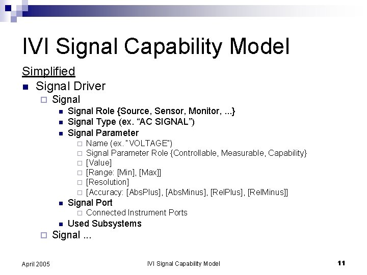 IVI Signal Capability Model Simplified n Signal Driver ¨ Signal n n n Signal