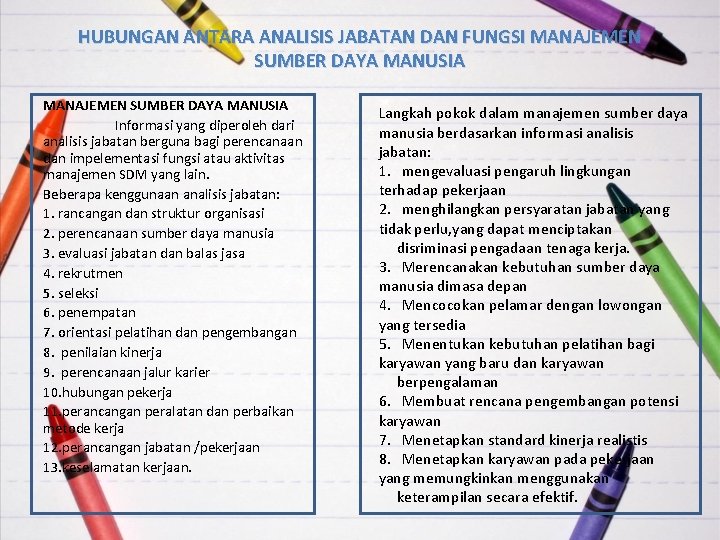 HUBUNGAN ANTARA ANALISIS JABATAN DAN FUNGSI MANAJEMEN SUMBER DAYA MANUSIA Informasi yang diperoleh dari