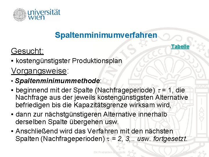 Spaltenminimumverfahren Tabelle Gesucht: • kostengünstigster Produktionsplan Vorgangsweise: • Spaltenminimummethode: • beginnend mit der Spalte Spaltenminimumverfahren Tabelle Gesucht: • kostengünstigster Produktionsplan Vorgangsweise: • Spaltenminimummethode: • beginnend mit der Spalte