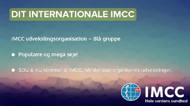 DIT INTERNATIONALE IMCC udvekslingsorganisation – Blå gruppe ● Populære og mega seje! ● SDU