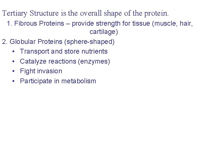 Tertiary Structure is the overall shape of the protein. 1. Fibrous Proteins – provide