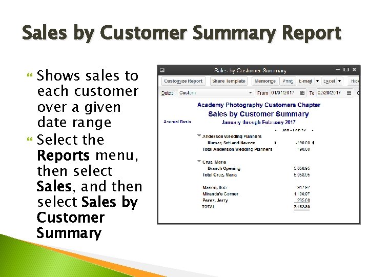 Sales by Customer Summary Report Shows sales to each customer over a given date