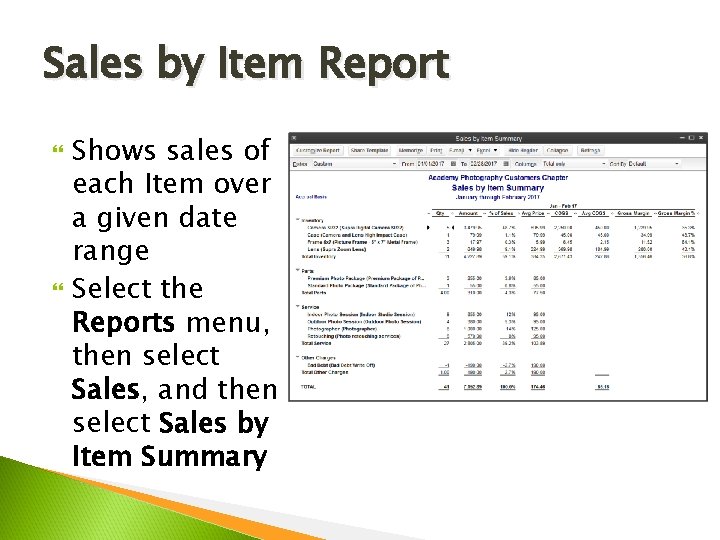 Sales by Item Report Shows sales of each Item over a given date range