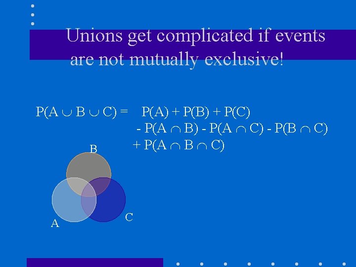 Unions get complicated if events are not mutually exclusive! P(A B C) = B