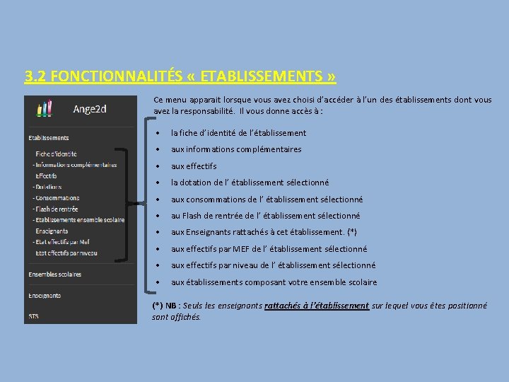 3. 2 FONCTIONNALITÉS « ETABLISSEMENTS » Ce menu apparait lorsque vous avez choisi d’accéder