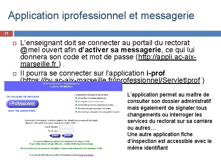 Application iprofessionnel et messagerie 31 L’enseignant doit se connecter au portail du rectorat @mel