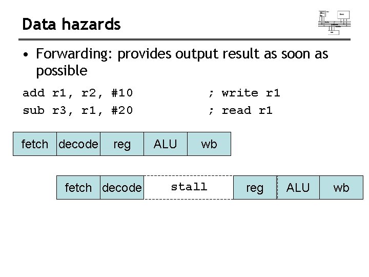 Data hazards • Forwarding: provides output result as soon as possible add r 1,