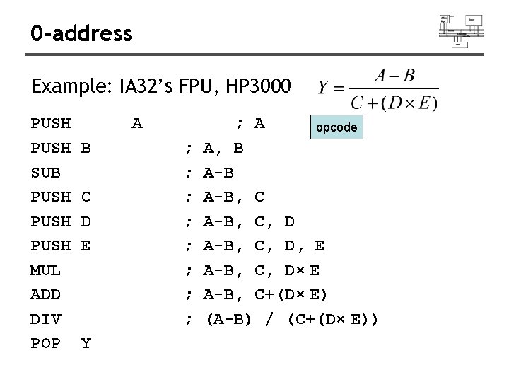 0 -address Example: IA 32’s FPU, HP 3000 PUSH SUB PUSH MUL ADD DIV