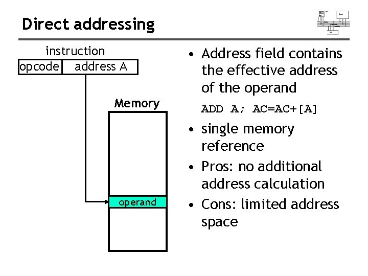 Direct addressing instruction opcode address A Memory operand • Address field contains the effective