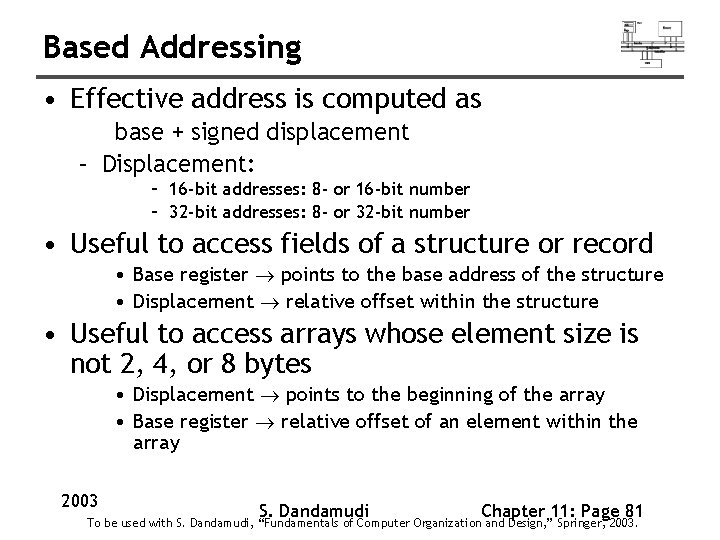 Based Addressing • Effective address is computed as base + signed displacement – Displacement: