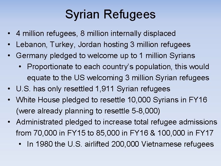 Syrian Refugees • 4 million refugees, 8 million internally displaced • Lebanon, Turkey, Jordan